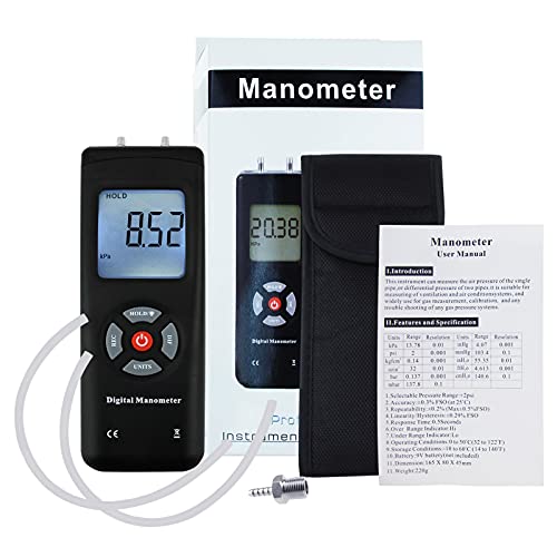 Manómetro digital profesional, medidor portátil de presión de aire/vacío portátil de aire 11 unidades con luz de fondo, ± 13.78kPa ± 2PSI, adecuado para presión diferencial de 1-2 tuberías