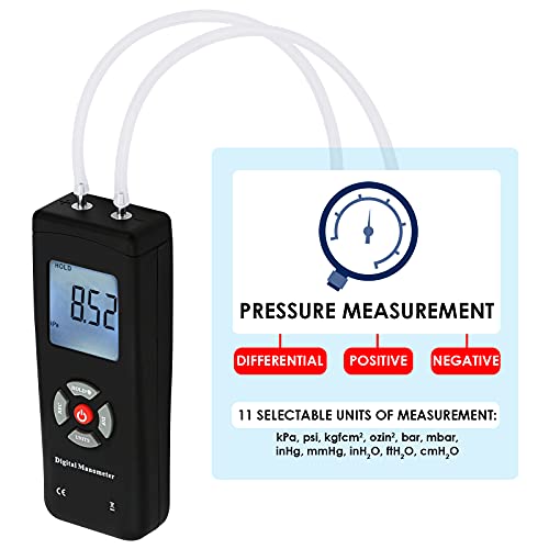 Manómetro digital profesional, medidor portátil de presión de aire/vacío portátil de aire 11 unidades con luz de fondo, ± 13.78kPa ± 2PSI, adecuado para presión diferencial de 1-2 tuberías