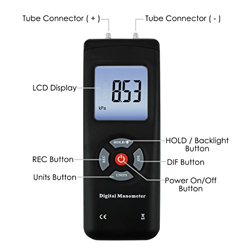 Manómetro digital profesional, medidor portátil de presión de aire/vacío portátil de aire 11 unidades con luz de fondo, ± 13.78kPa ± 2PSI, adecuado para presión diferencial de 1-2 tuberías