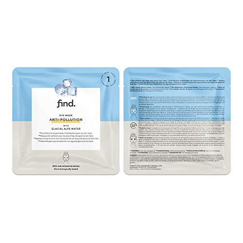Marca Amazon - find. Mascarilla hidrogel, sin goteo, anticontaminación para el contorno de ojos con agua glaciar de los Alpes, pack de 5 unidades