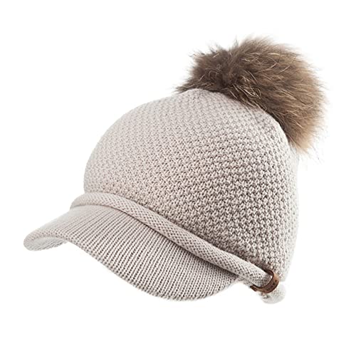 Marca Amazon - Hikaro - Gorro de invierno para mujer, gorro de punto de lana cálido Bobble de piel sintética, gorro beis