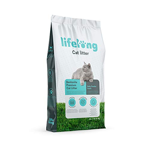 Marca Amazon Lifelong Arena de bentonita para gatos, Premium con perfume de talco 25L