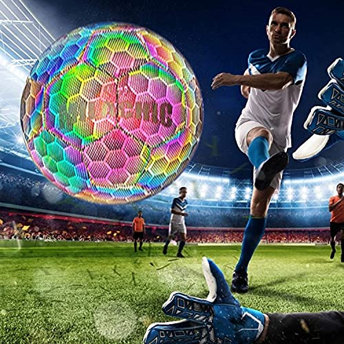 MARIJEE Balones de Fútbol LED Reflectantes Brillantes, Balón de Fútbol Holográfico Reflectante Brillante Fútbol Tradicional Que Brilla en la Oscuridad Fútbol de Noche Brillante para Exteriores