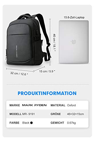 MARK RYDEN Mochila para portátil Antirrobo Mochila de Negocios Impermeable para Hombre Mochila Escolares con Puerto de USB para Ordenador 15.6 Pulgadas (Negro 3.0)