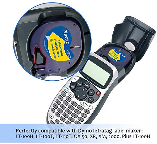 MarkField Cinta de Plástico Etiquetas Compatible para usar en lugar de Dymo LetraTag Amarillo Recambios 91202 S0721620 para Dymo LetraTag LT-100H LT-100T LT-110T QX 50 XR XM 2000 Plus, 12mm x 4m