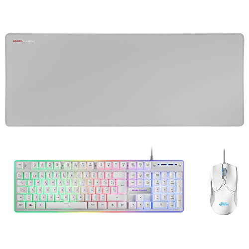 Mars Gaming MCPXWES, Combo Teclado H-Mech+Ratón Ultraligero+Alfombrilla XXL, Blanco, ES