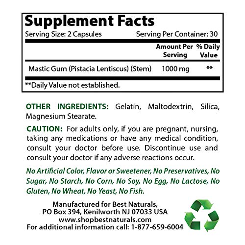 Mastic Gum 500 mg 60 Capsules by Best Naturals - Supports stomach health and duodenum - Manufactured in a USA Based GMP Certified Facility and Third Party Tested for Purity. Guaranteed!!