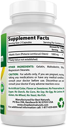 Mastic Gum 500 mg 60 Capsules by Best Naturals - Supports stomach health and duodenum - Manufactured in a USA Based GMP Certified Facility and Third Party Tested for Purity. Guaranteed!!