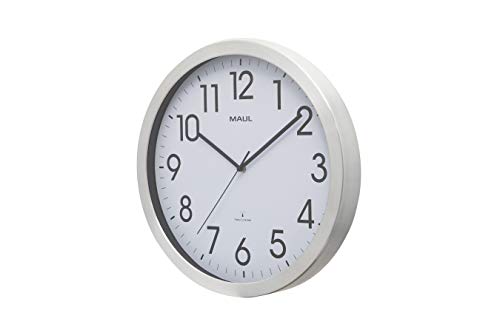 MAULmove - Reloj de Pared analógico por Radio para salón, Dormitorio, Cocina u Oficina, de Aluminio Cepillado, Color Blanco, diámetro de 40 cm