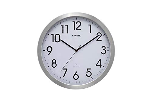 MAULmove - Reloj de Pared analógico por Radio para salón, Dormitorio, Cocina u Oficina, de Aluminio Cepillado, Color Blanco, diámetro de 40 cm