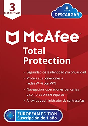 McAfee Total Protection 2022| 3 dispositivos | 1 año | Antivirus, seguridad Internet, administrador contraseñas, VPN, protección de identidad | PC/Mac/Android/iOS | Descargar