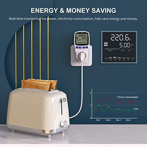 Medidor de Consumo Eléctrico con Dual Tarifa, Maxcio Enchufe Medidor de Costo de Electricidad con Pantalla LCD Reteción de Datos Medidor de Energía para Toma 3680W MAX, 2 Pack