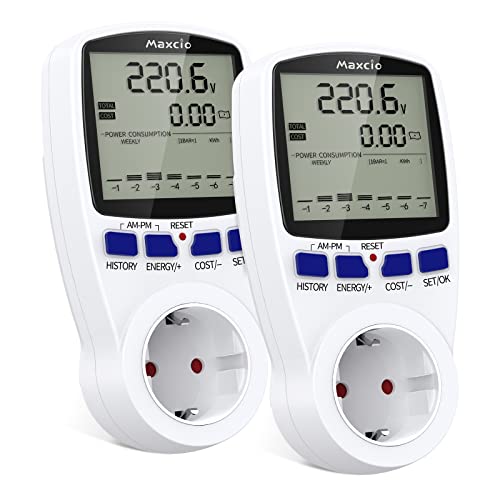 Medidor de Consumo Eléctrico con Dual Tarifa, Maxcio Enchufe Medidor de Costo de Electricidad con Pantalla LCD Reteción de Datos Medidor de Energía para Toma 3680W MAX, 2 Pack