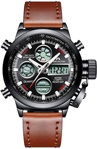 MEGALITH Relojes Hombre Digitales Militar Relojes Grandes LED Reloj de Pulsera Analogico Digital Deportivo Relojes de Hombre Cuero Impermeable Electrónico Cronometro Calendario - Marrón Negro