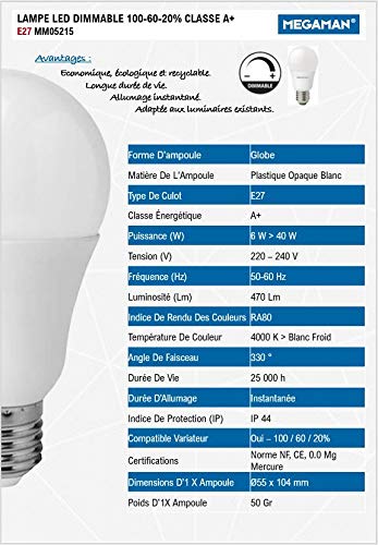 MEGAMAN | LED CLASSIC | Regulable 100-60-20% | E27 | 6W | 470 LM | 4000 K | A+ | Ref.: MM05215 (6X)