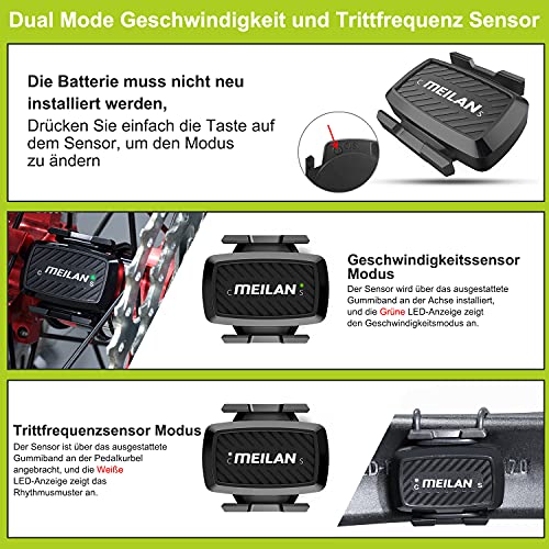 MEILAN C1 - Sensor de Velocidad y cadencia de pedalada para Bicicleta, Modo Dual Bluetooth Ant+, inalámbrico, Resistente al Agua