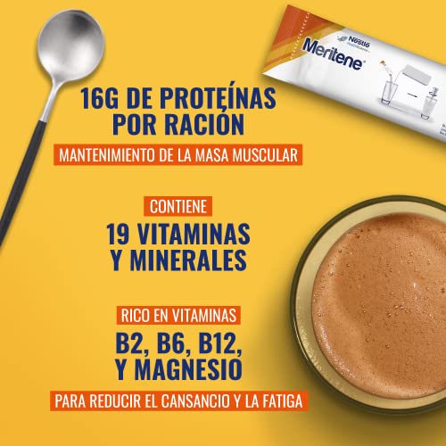 Meritene® FUERZA Y VITALIDAD - Suplementa tu nutrición y mantén tu sistema inmune con vitaminas, minerales y proteínas - Batido de Chocolate - Estuche (15 sobres de 30g)