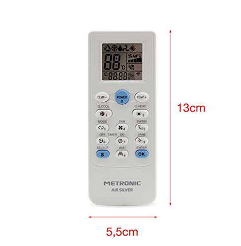 Metronic 495348 - Mando a Distancia Universal para Aire Acondicionado, Mando Universal Aire Acondicionado búsqueda automática o por Modelo, Timer, 5 Modos de Funcionamiento, Blanco