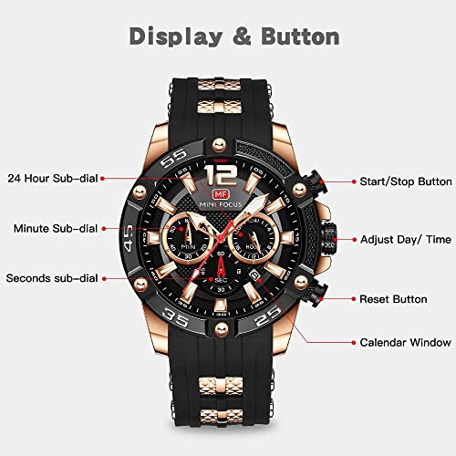 MF MINI FOCUS Reloj deportivo para hombre (multifunción, impermeable, luminoso, calendario) Reloj de pulsera de silicona para hombre, negro,