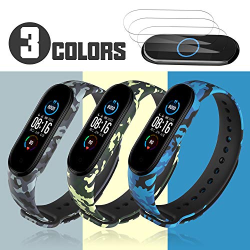 Mi-Case Correa de Silicona Compatible para Xiaomi Mi Band 6 / Mi Band 5 + [3 Pack] Protector de Pantalla, Ajustable Banda Repuesto Pulsera Compatible para Xiaomi Mi Band 6-3 Pcs Serie de Camuflaje