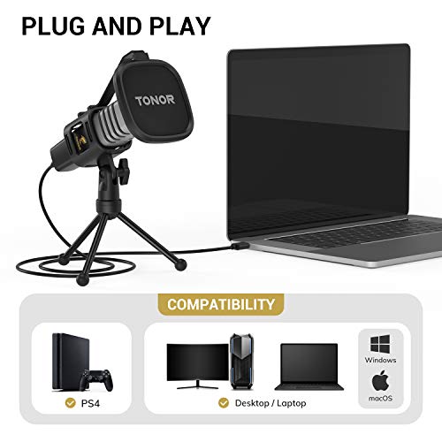 Micrófono USB de Cardioide TONOR para Ordenadores PC, Micrófono con Soporte de Trípode, Filtro Antipop, Soporte Gaming, Streaming, Podcasts, YouTube, Locución, Skype, Twitch, Discord, modelo TC30