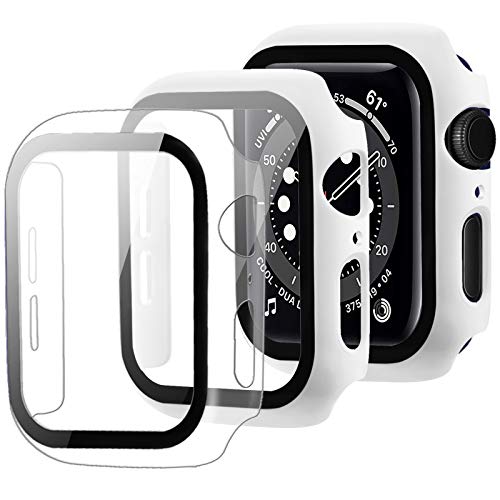 Miimall [2 Piezas Funda Compatible con Apple Watch Series 6 / SE / 5/4 44mm, PC Case con Protector de Pantalla Vidrio Templado [Cubierta Completa] [Anticaída] para iWatch Series 6 / SE / 5/4 44mm