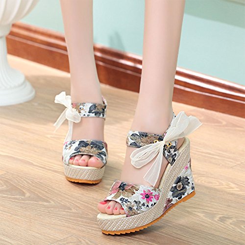 Minetom Mujer Verano Dulce Encaje Arco Floral Sandalias Con Cuña Peep Toe Cabeza Pescado Zapatos De Tacón Alto Chancletas Zapatillas Rosa EU 38