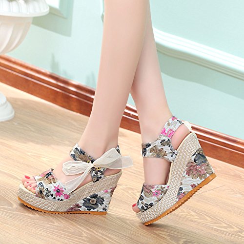 Minetom Mujer Verano Dulce Encaje Arco Floral Sandalias Con Cuña Peep Toe Cabeza Pescado Zapatos De Tacón Alto Chancletas Zapatillas Rosa EU 38