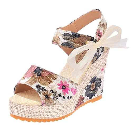 Minetom Mujer Verano Dulce Encaje Arco Floral Sandalias Con Cuña Peep Toe Cabeza Pescado Zapatos De Tacón Alto Chancletas Zapatillas Rosa EU 38