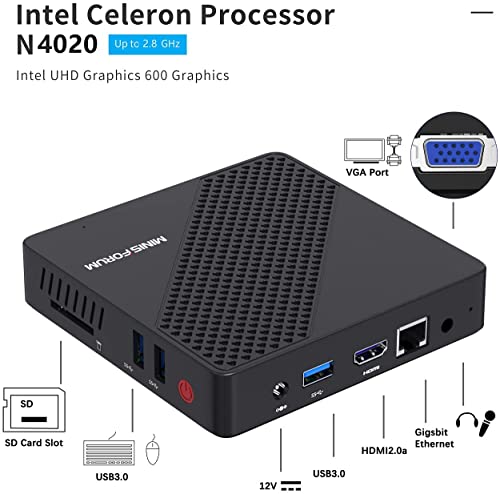 Mini PC, procesador Intel Celeron N4020 sin ventilador 4 GB DDR / 64 GB eMMC mini computadora de escritorio con Windows 10 pro, conexión HDMI y VGA, WiFi de doble banda, BT, USB 3.0 * 3