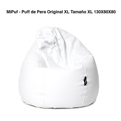 MiPuf - Puff de Pera Original Tamaño XL - 130x80x80 cm - Tejido Polipiel Alta Resistencia - Doble Costura y Doble Cremallera - Relleno Incluido - Blanco - 4 años de Garantía