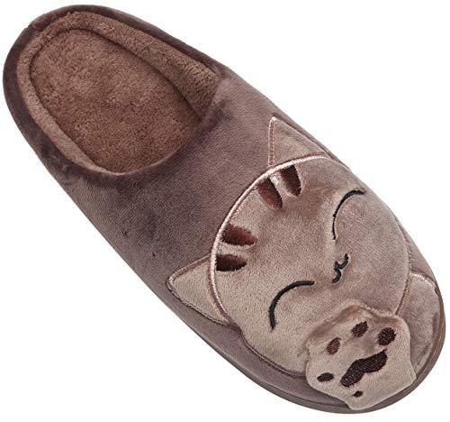 Mishansha Mujer Zapatillas de Casa Hombre Zapatillas de Estar de Invierno Cálido Felpa Dibujos Animados Gato Antideslizante Pantuflas, Cat-Marrón, 41/42 EU=42/43 CN