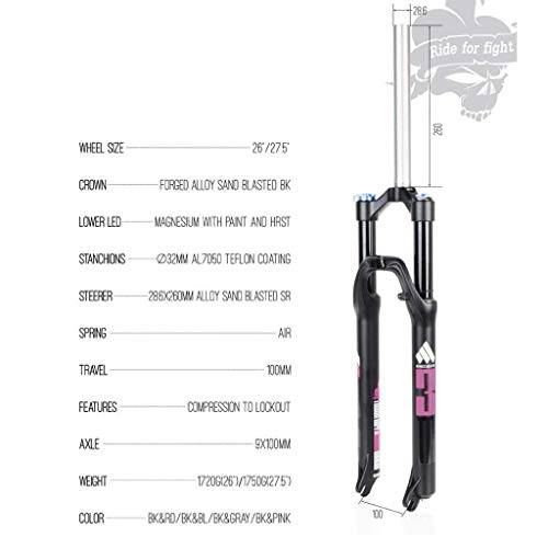 MJCDNB Horquilla de Aire MTB 26/27,5 Pulgadas Horquilla de suspensión para Bicicleta de montaña Horquilla Delantera para Bicicleta Control de Hombro 1-1/8"