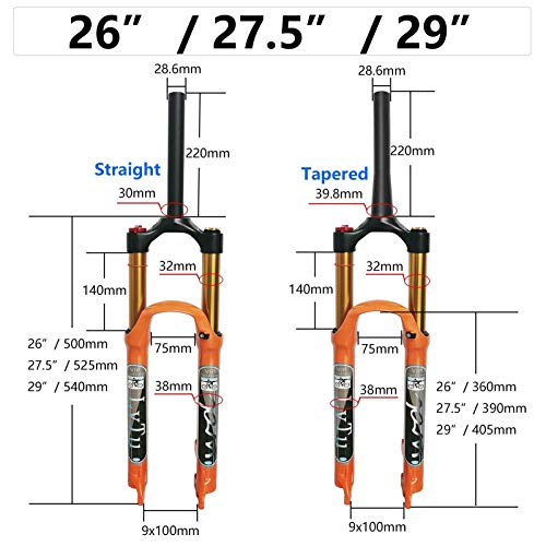 MJCDNB Suspensión de Bicicleta de montaña Horquillas Delanteras 26/27.5/29 Pulgadas Naranja 140 mm Bicicleta de Viaje Ligera MTB Air Fork -140L-QR-9x100 (Color: Tapered Remote Lock out, Tamaño: 26