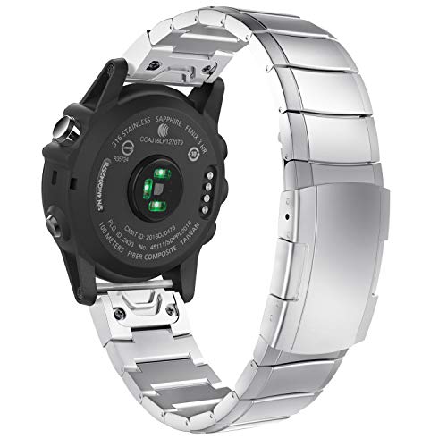 MoKo Correa Compatible con Garmin Fenix 6X/6X Pro/5X/5X Plus/3/3 HR/Quatix 6X/Enduro/Descent Mk2i/Mk2/Mk1/Tactix Bravo/Delta, 26mm Quick Fit Pulsera de Repuesto de Metal de Acero Inoxidable - Plata