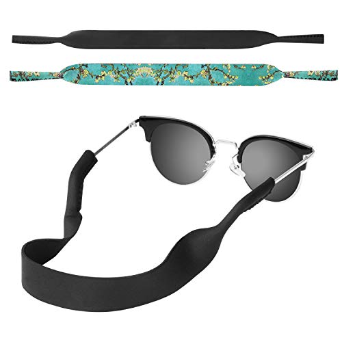 MoKo Correa de Gafas de Sol, [2 Paquetes] Cómodo y Suave Cuerda de Gafas de 100% Neopreno, Mantiene Sus Gafas de Seguridad ya Sea IR a Correr, Esquiar, Subir, Ver Concierto - Flor de Almendra y Negro