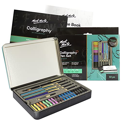 Mont Marte Kit Caligrafia - 32 piezas - Perfecto para Principiantes - Incluye: 4x Pluma Caligrafía, 5x Plumines de Caligrafía y mucho más - Gran introducción a la Caligrafía y Handlettering