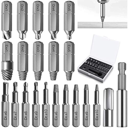 MOOING 22PCS Extractor de Tornillos,Dañado Extractor de Tornillos Set con Portabrocas de Extensión & Adaptador de Enchufe, quitar fácilmente los tornillos despojados y rotos.