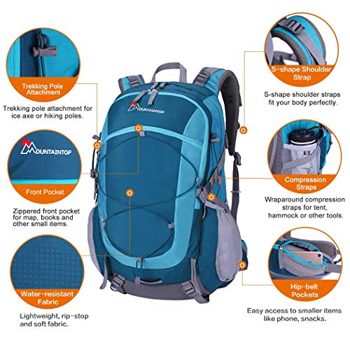 MOUNTAINTOP Mochilas Senderismo 40 litros, Portátil Mochila Trekking Impermeable, Mochilas de Montaña Hombre Mujer para Viajes Acampadas al Aire Libre (Azul Ligero)