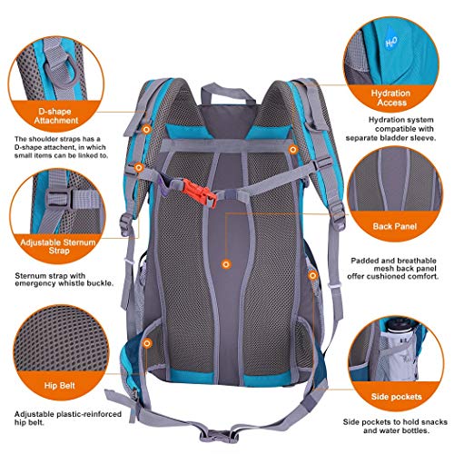 MOUNTAINTOP Mochilas Senderismo 40 litros, Portátil Mochila Trekking Impermeable, Mochilas de Montaña Hombre Mujer para Viajes Acampadas al Aire Libre (Azul Ligero)