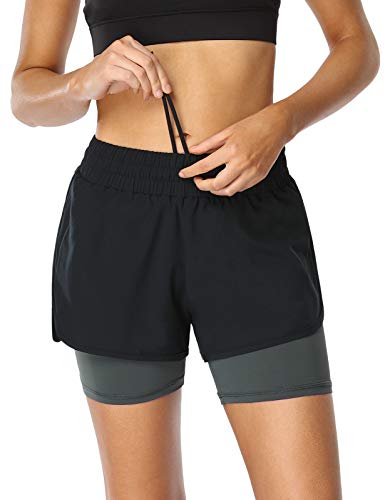 MOVE BEYOND Pantalón Corto de Running 2 en 1 para Mujer con Bolsillo con Cremallera Cordón Fitness Maratón Yoga Shorts, Negro y Gris Claro, M