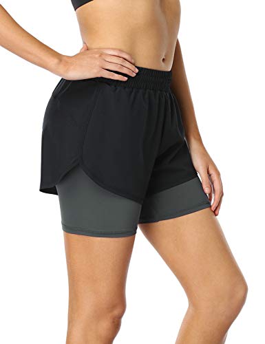 MOVE BEYOND Pantalón Corto de Running 2 en 1 para Mujer con Bolsillo con Cremallera Cordón Fitness Maratón Yoga Shorts, Negro y Gris Claro, M