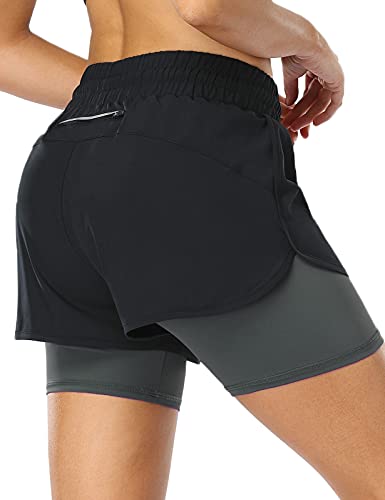 MOVE BEYOND Pantalón Corto de Running 2 en 1 para Mujer con Bolsillo con Cremallera Cordón Fitness Maratón Yoga Shorts, Negro y Gris Claro, M