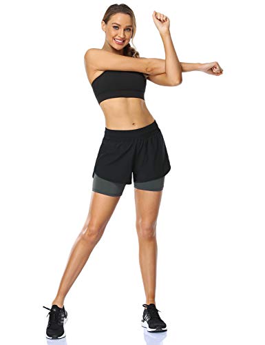 MOVE BEYOND Pantalón Corto de Running 2 en 1 para Mujer con Bolsillo con Cremallera Cordón Fitness Maratón Yoga Shorts, Negro y Gris Claro, M