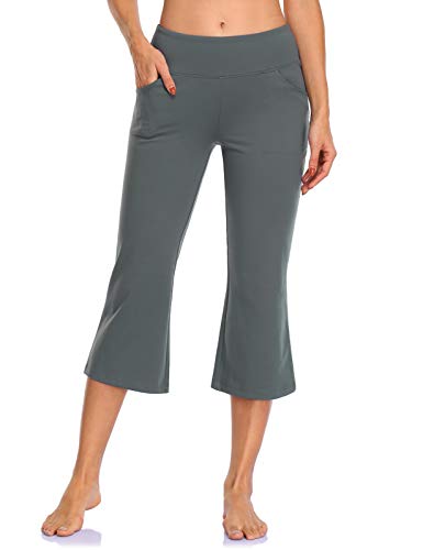 MOVE BEYOND Pantalones Piratas de Yoga Bootcut para Mujer con 4 Bolsillos Pantalón Corte de Bota de Cintura Alta para Vestir Pilates Fitness Entrenamiento, Capris, Gris, M