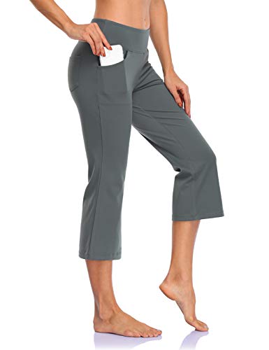 MOVE BEYOND Pantalones Piratas de Yoga Bootcut para Mujer con 4 Bolsillos Pantalón Corte de Bota de Cintura Alta para Vestir Pilates Fitness Entrenamiento, Capris, Gris, M