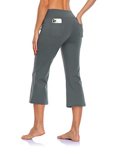 MOVE BEYOND Pantalones Piratas de Yoga Bootcut para Mujer con 4 Bolsillos Pantalón Corte de Bota de Cintura Alta para Vestir Pilates Fitness Entrenamiento, Capris, Gris, M