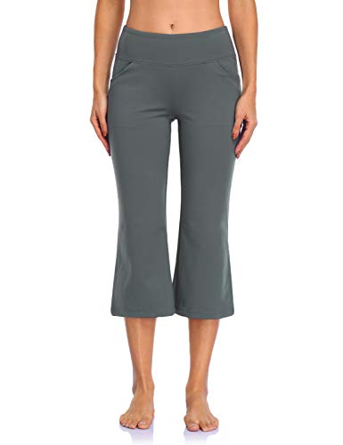 MOVE BEYOND Pantalones Piratas de Yoga Bootcut para Mujer con 4 Bolsillos Pantalón Corte de Bota de Cintura Alta para Vestir Pilates Fitness Entrenamiento, Capris, Gris, M