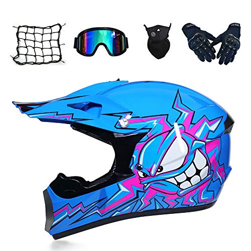 MRDEAR Casco Motocross Niño - Azul/Dibujos Animados - Forro Extraíble, Casco de Cross con Gafas Máscara Guantes Red Elástica para Moto MX Quad Enduro Off Road ATV Scooter,S