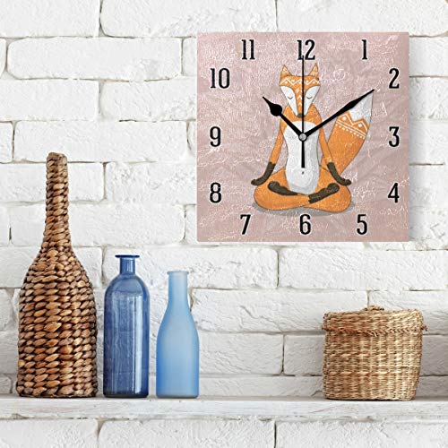 Mr.XZY Fox 2010113 - Reloj de pared cuadrado para yoga, diseño de animales, funciona con pilas, silencioso, fácil de leer en casa/oficina/escuela